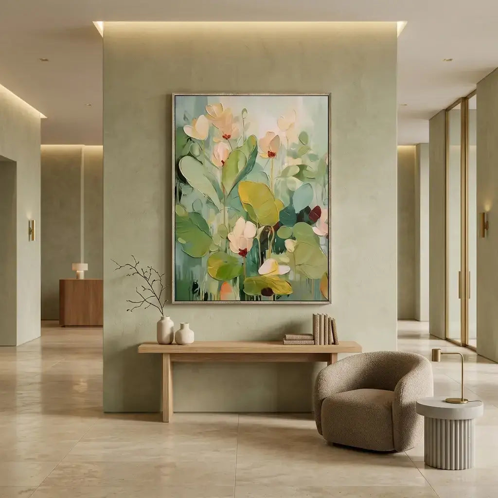 Modern interior with a large abstract painting on a wall, a wooden bench, and a chair.