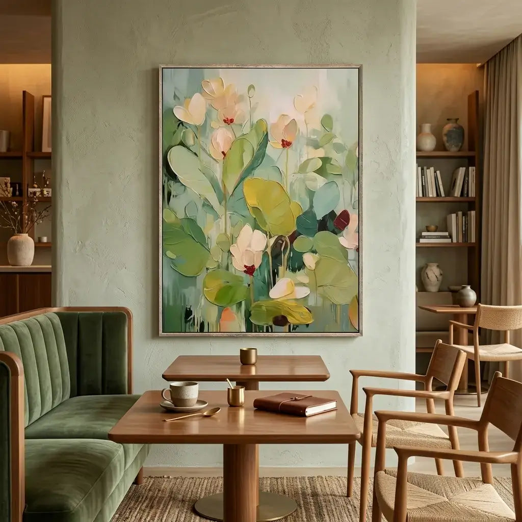 Modern interior with floral artwork on the wall, wooden tables, and chairs.