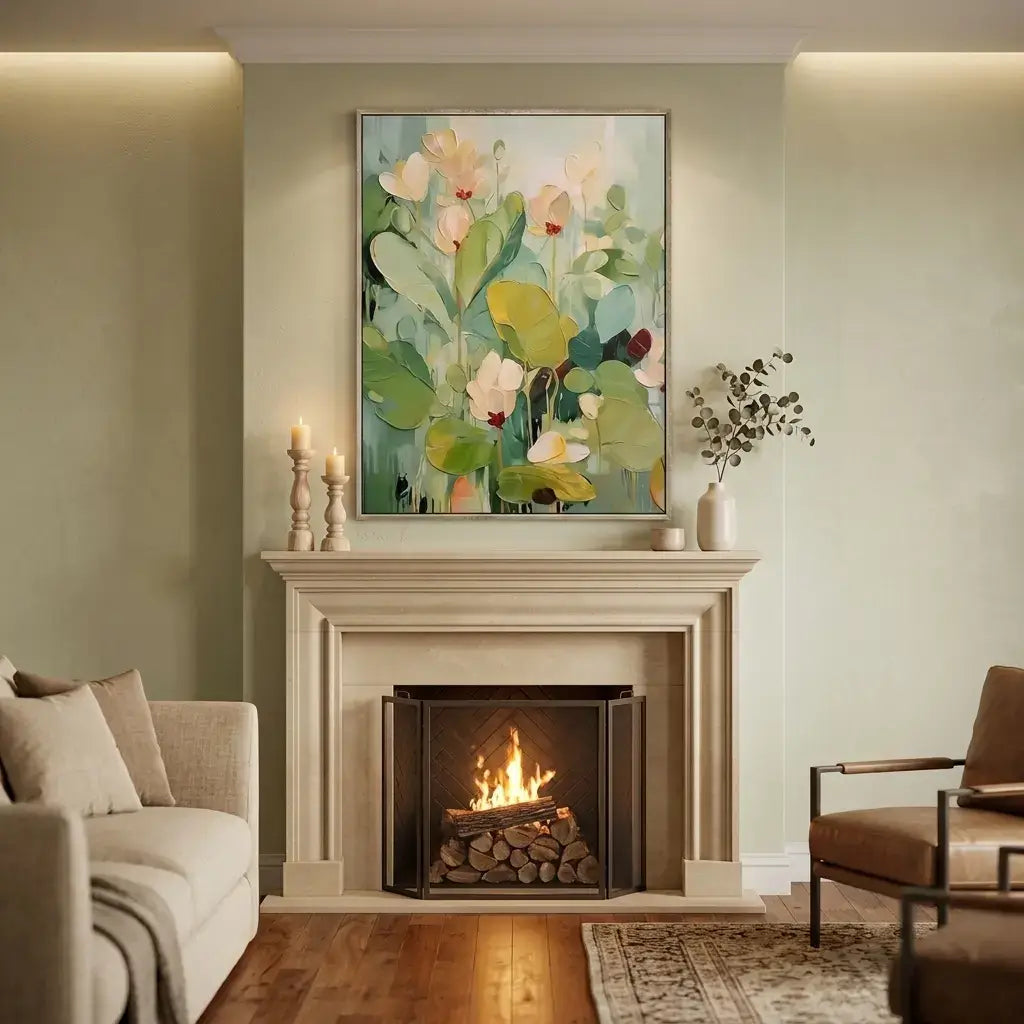 Living room with a fireplace, floral artwork, and decorative items.