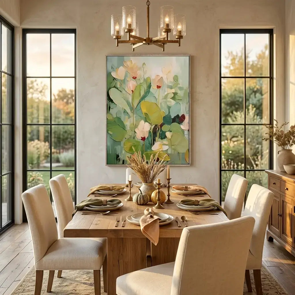 Dining room with a wooden table set for dinner, floral painting on the wall, and large windows.