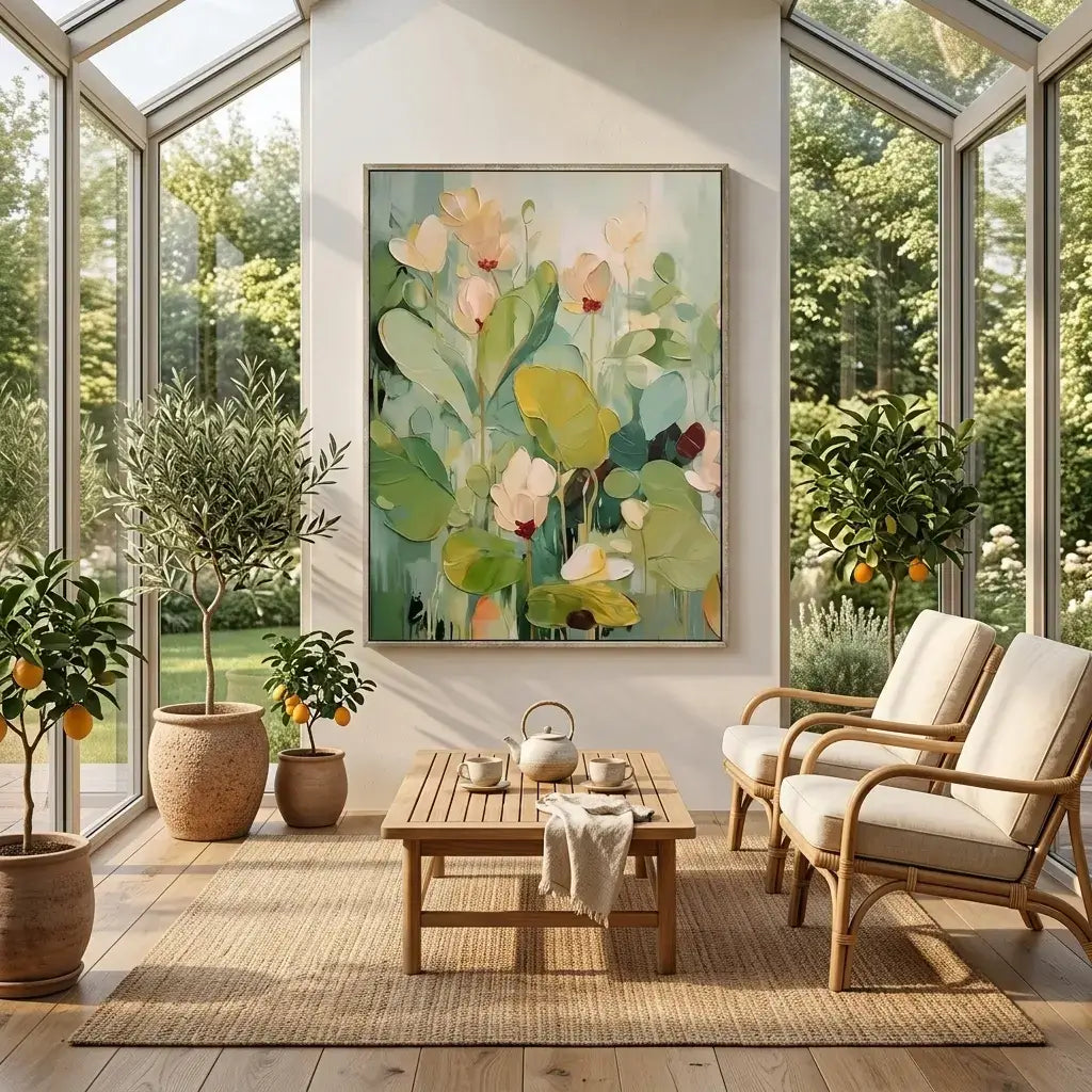 Modern living room with large windows, plants, and a floral painting.