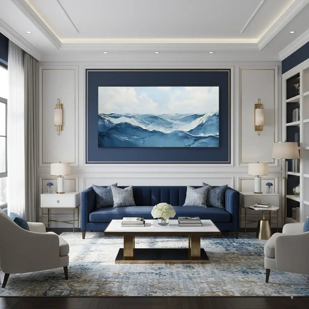 Modern living room with blue sofa, abstract painting, and decorative elements.