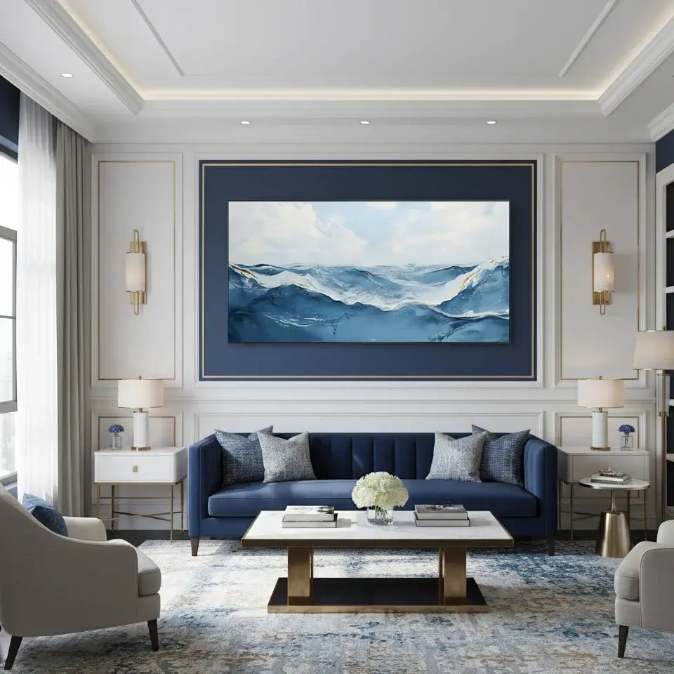 Modern living room with blue sofa, abstract painting, and decorative elements.