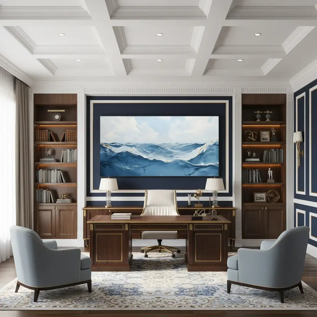 Modern office with a large desk, chairs, and an ocean oil painting.