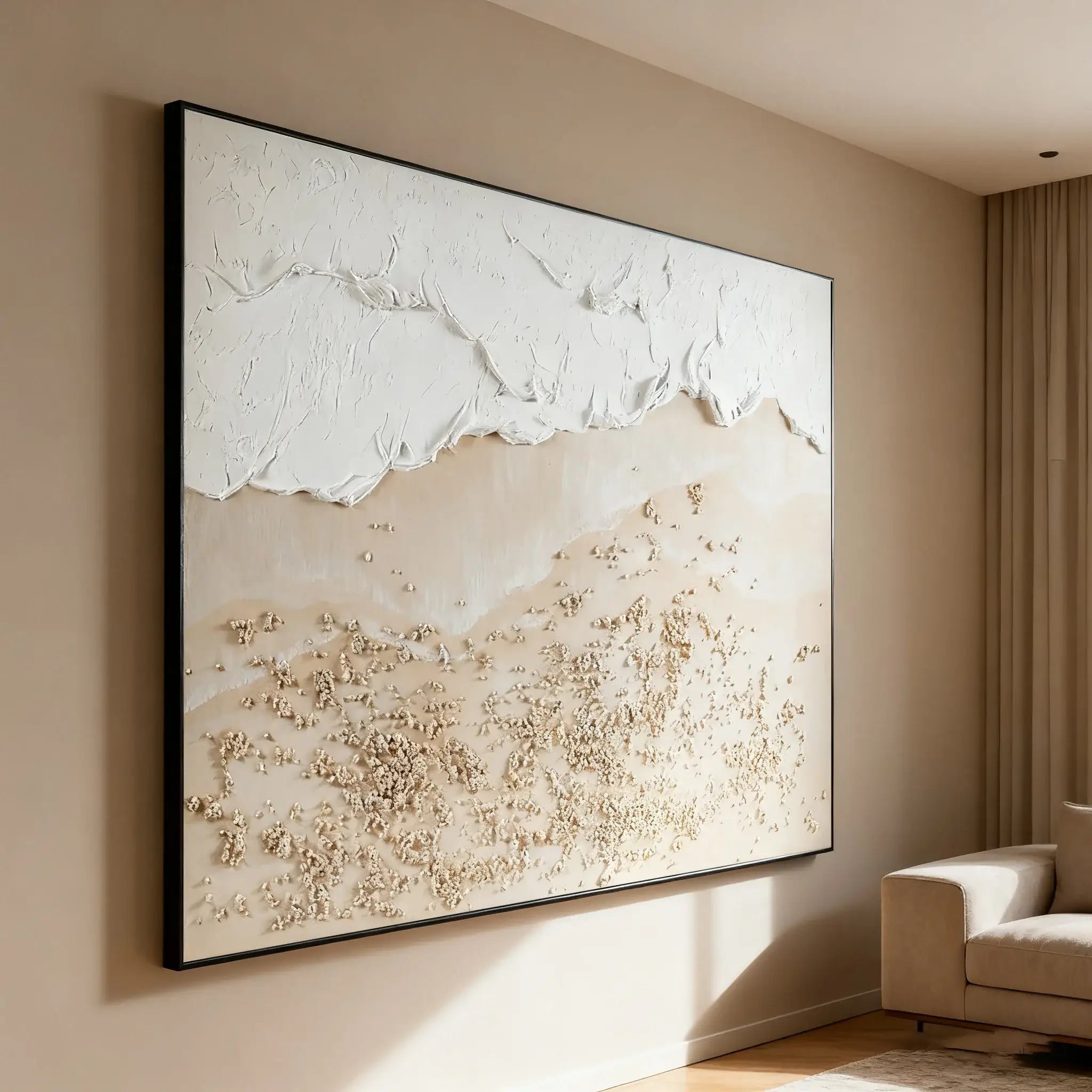 Abstract wall art in a living room setting with a sofa.