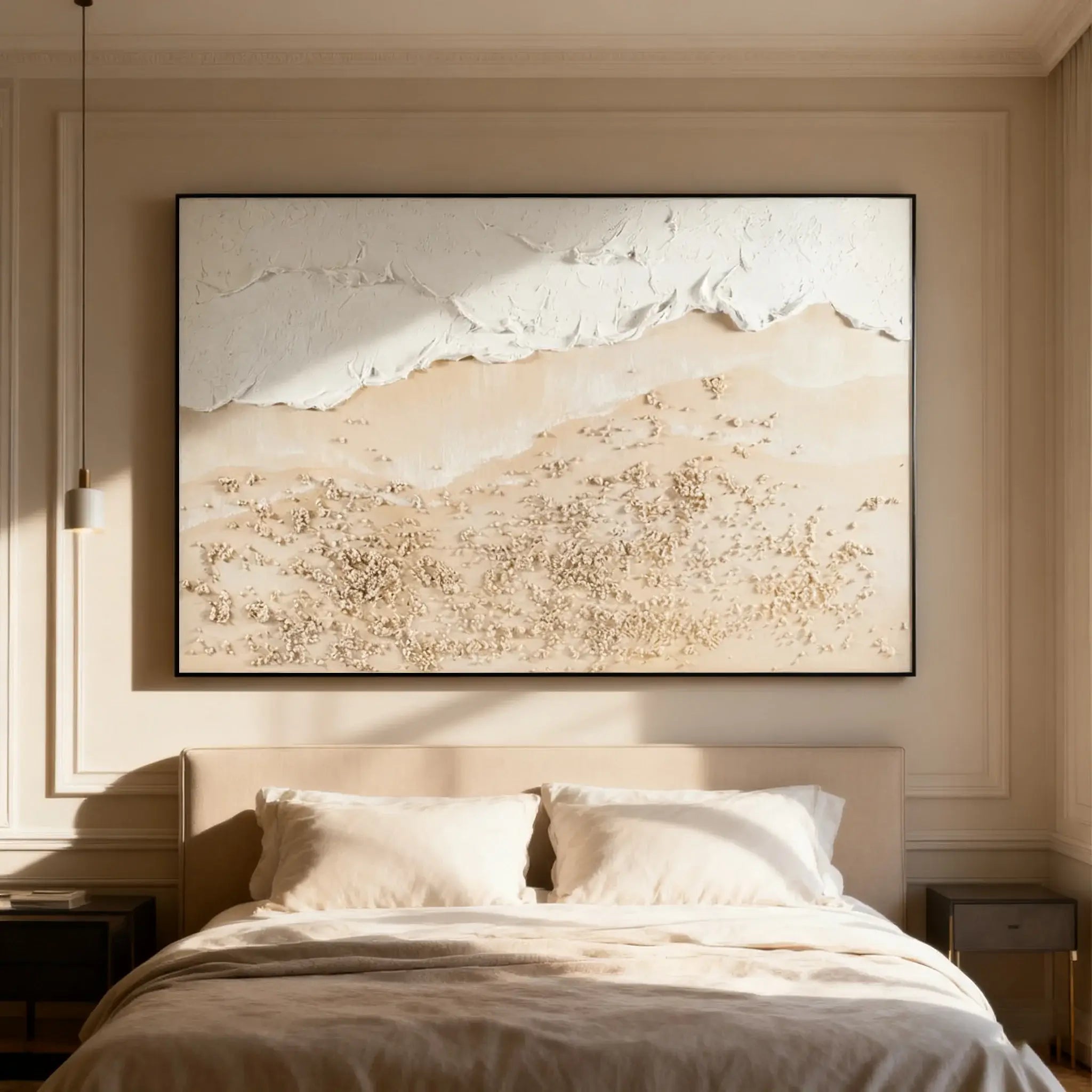 Beige abstract painting on a wall above a bed in a bedroom.