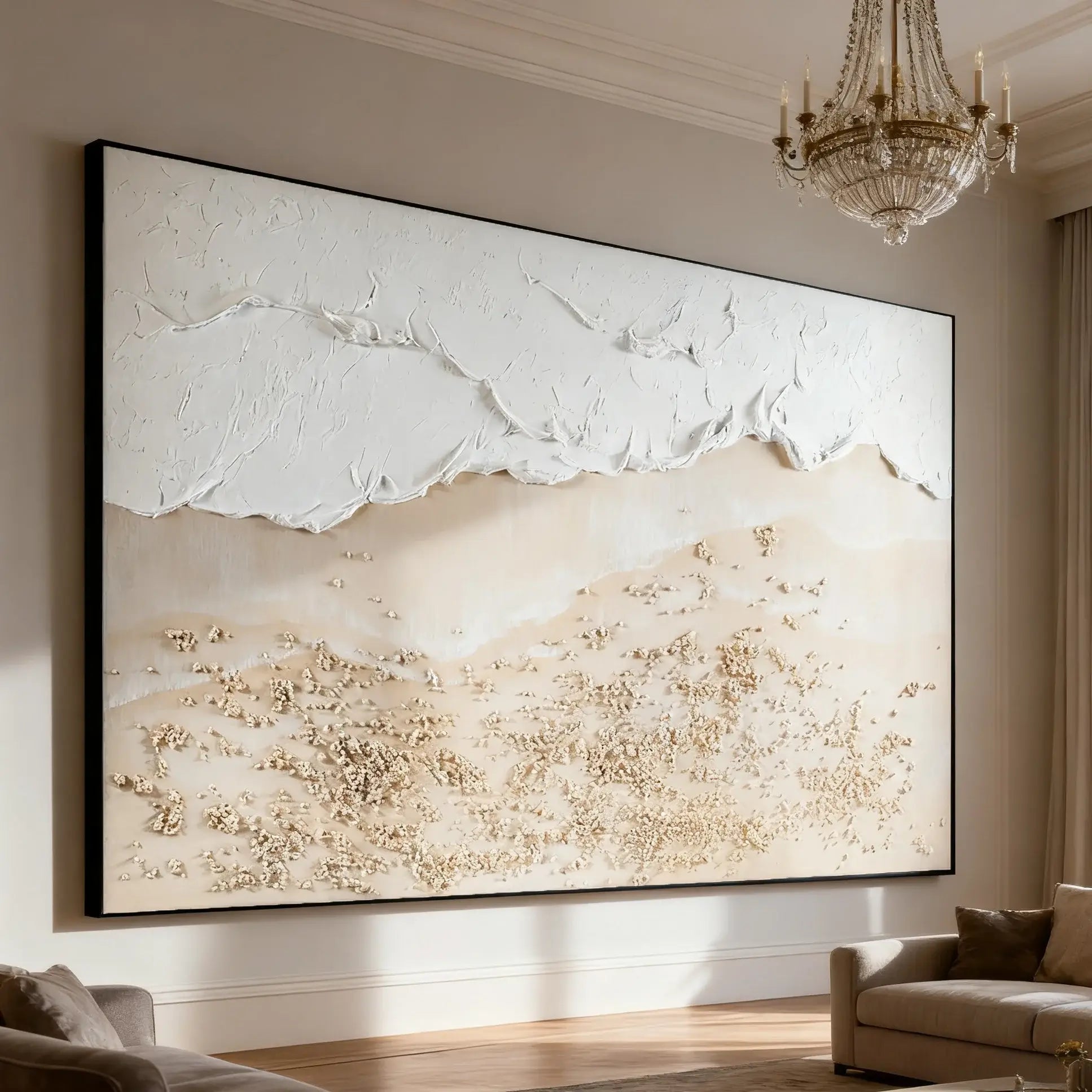 Large abstract painting in a living room with a chandelier above