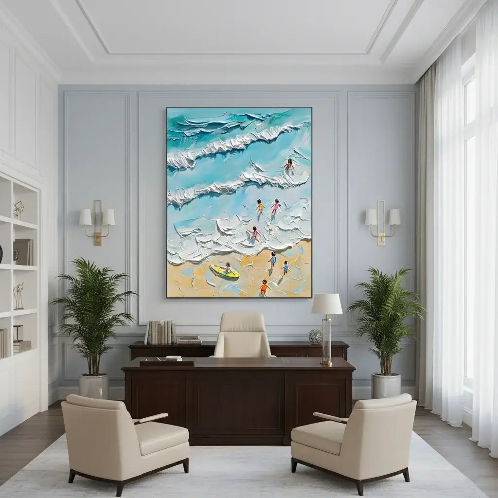 Modern office interior with a large beach scene painting on the wall.