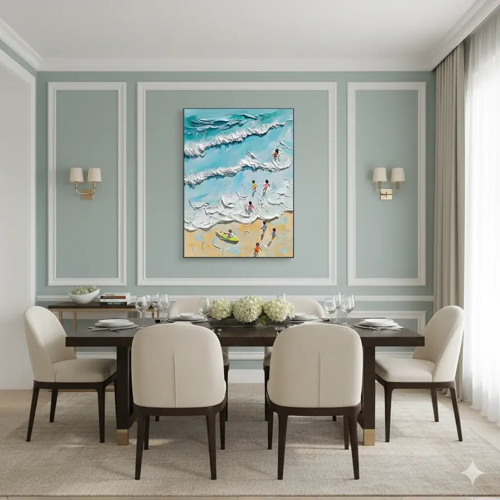 Dining room with a large abstract painting of beach scene on the wall.