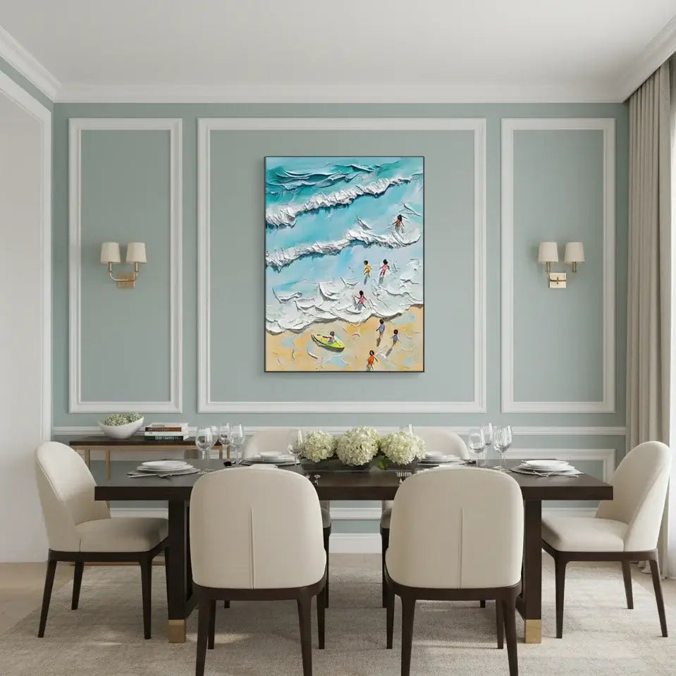Dining room with a large abstract painting of beach scene on the wall.