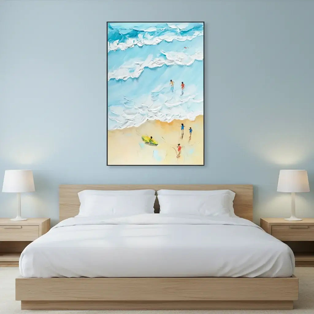 Bedroom with a painting of people on a beach above a bed.