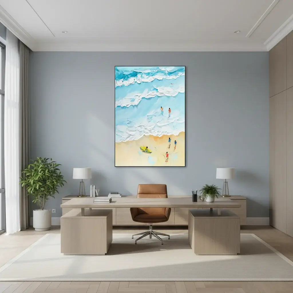 Modern office interior with a beach-themed painting on the wall
