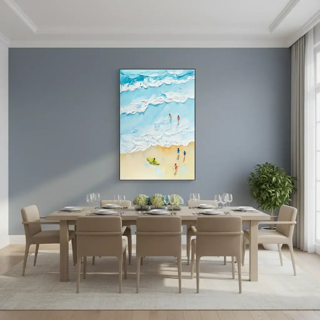 Dining room with a large table and chairs, featuring a beach scene painting on the wall.