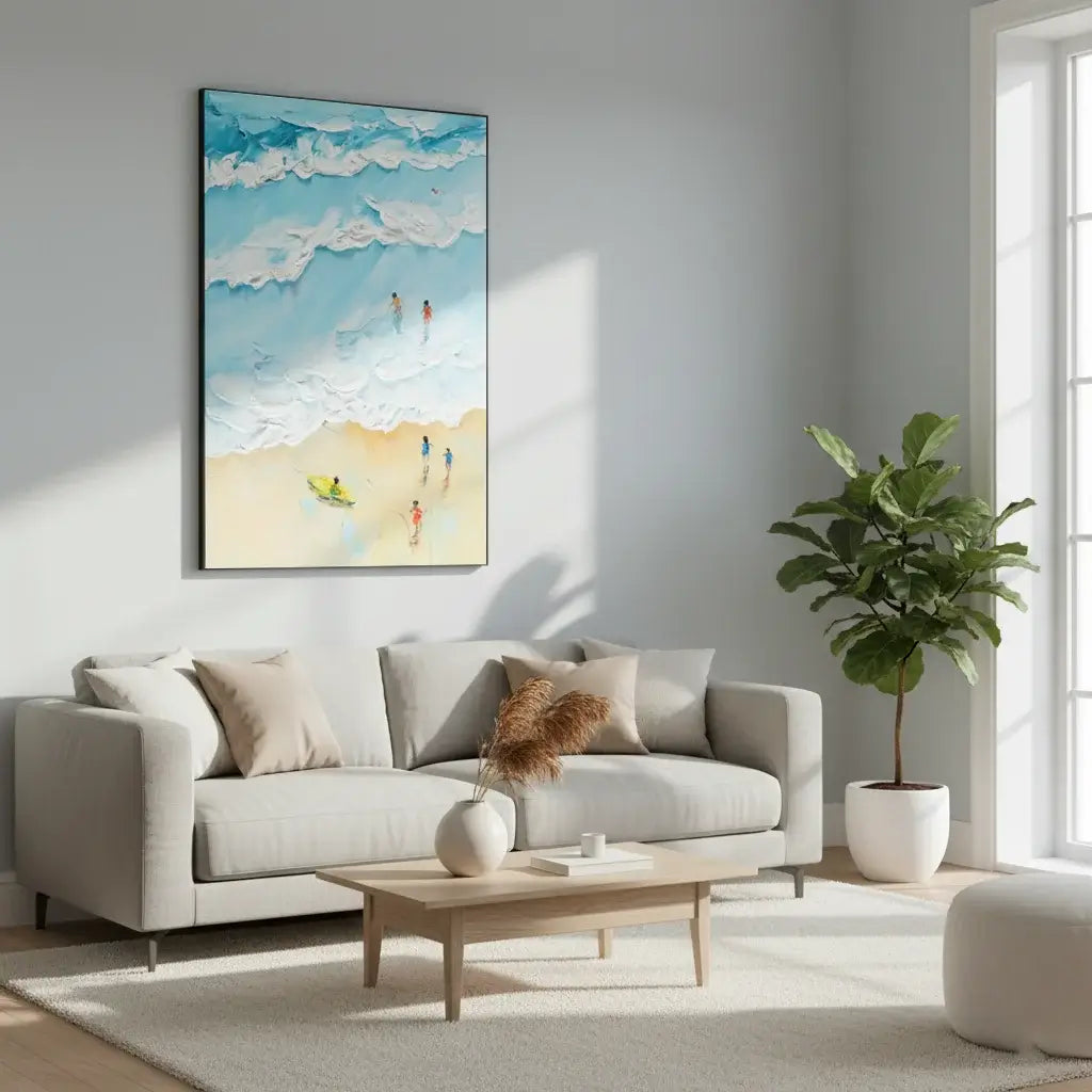 Living room with a gray sofa, wooden coffee table, and a beach-themed painting on the wall.