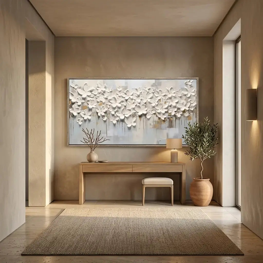 Modern interior with a large abstract floral painting on the wall, a wooden console table, and decorative plants.