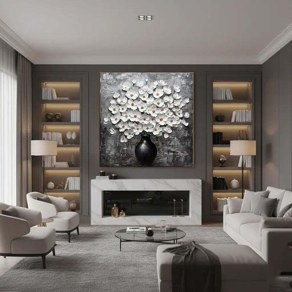 Modern living room with a fireplace, shelves, and decorative wall art.