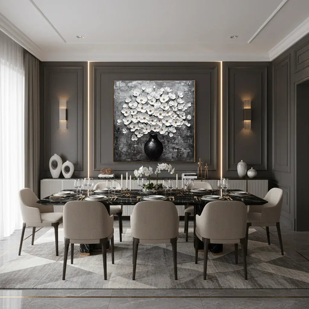 Modern dining room with a large floral painting on the wall.