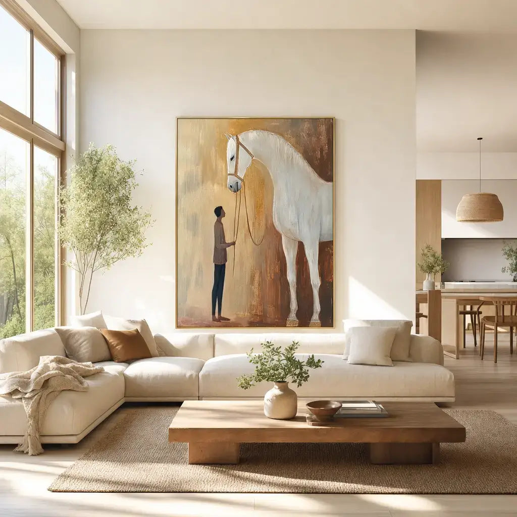 Minimalist Man with White Horse