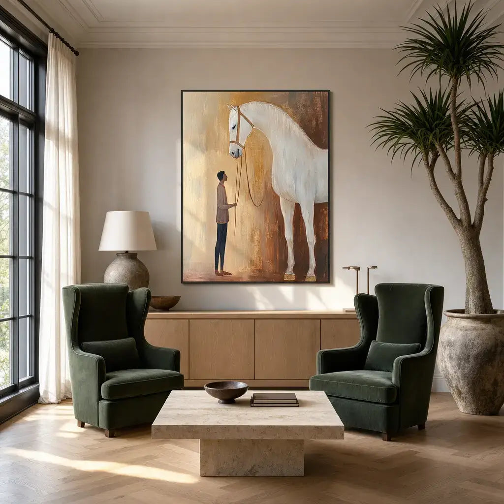 Minimalist Man with White Horse
