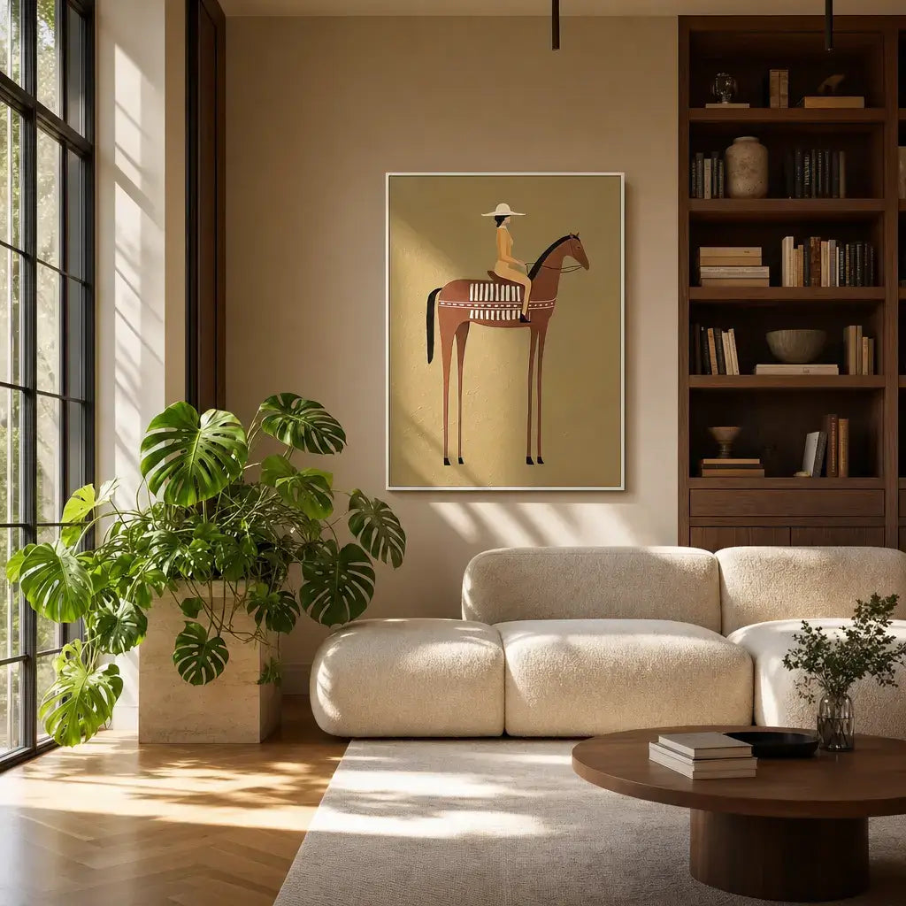 Minimalist Stylized Woman Riding Horse