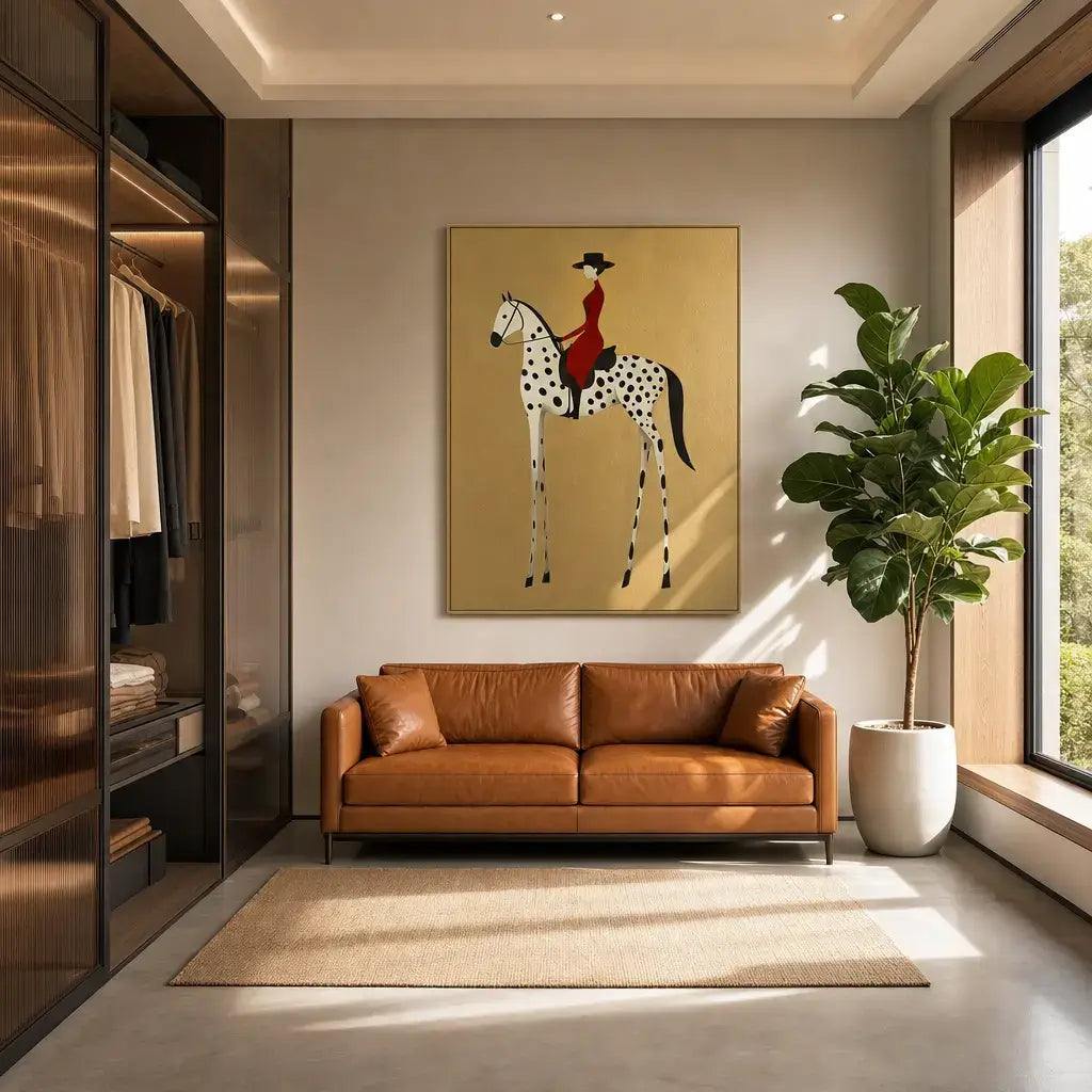 Woman in Red on Dalmatian Horse