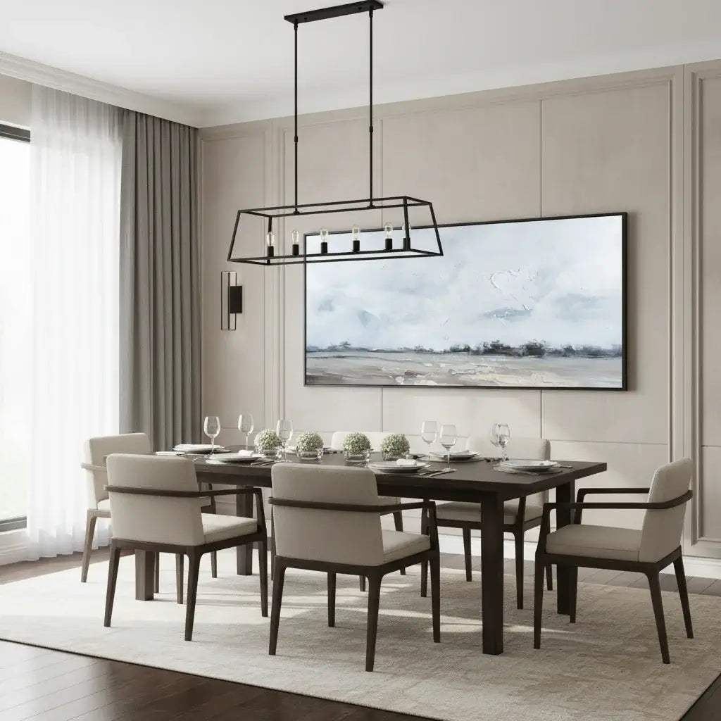 Modern dining room with a wooden table and chairs, large wall art, and pendant light.