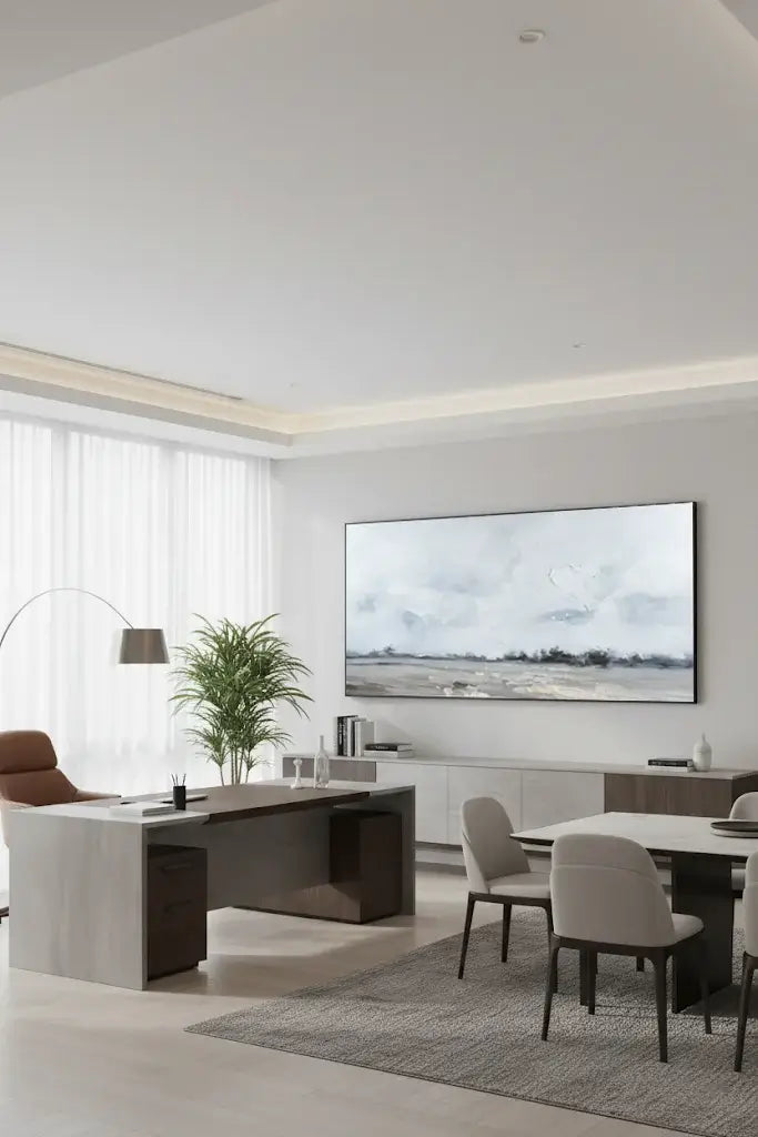 Modern living room with white sofa, coffee table, and decorative elements.