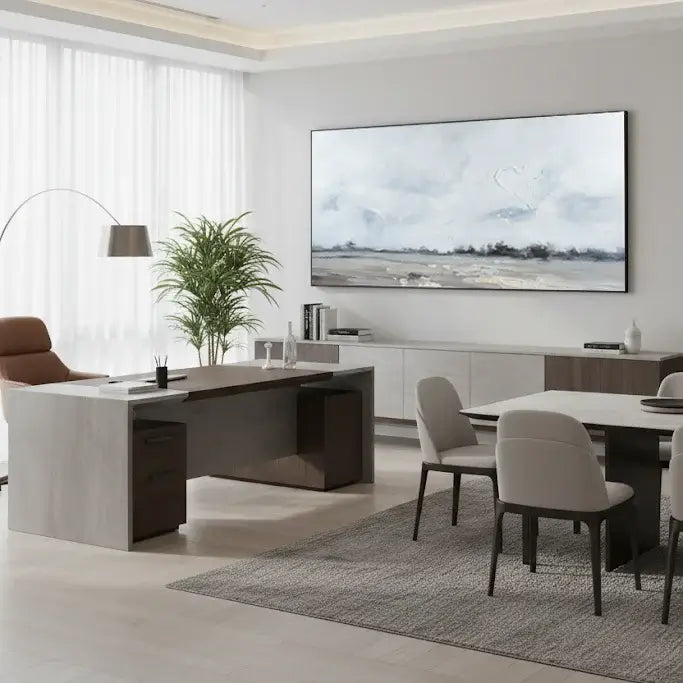 Modern living room with white sofa, coffee table, and decorative elements.