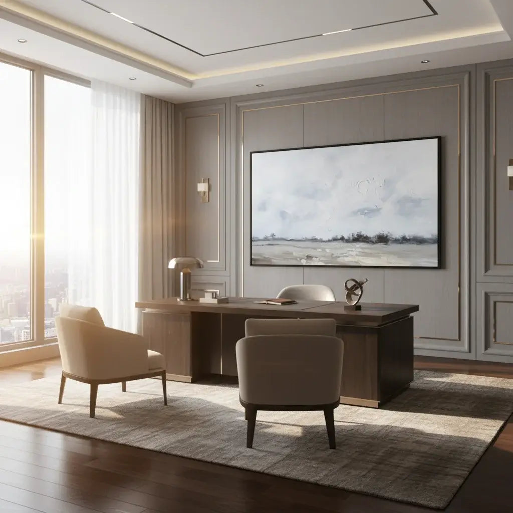 Modern office with a large desk, chairs, and a wall-mounted TV displaying a scenic image.