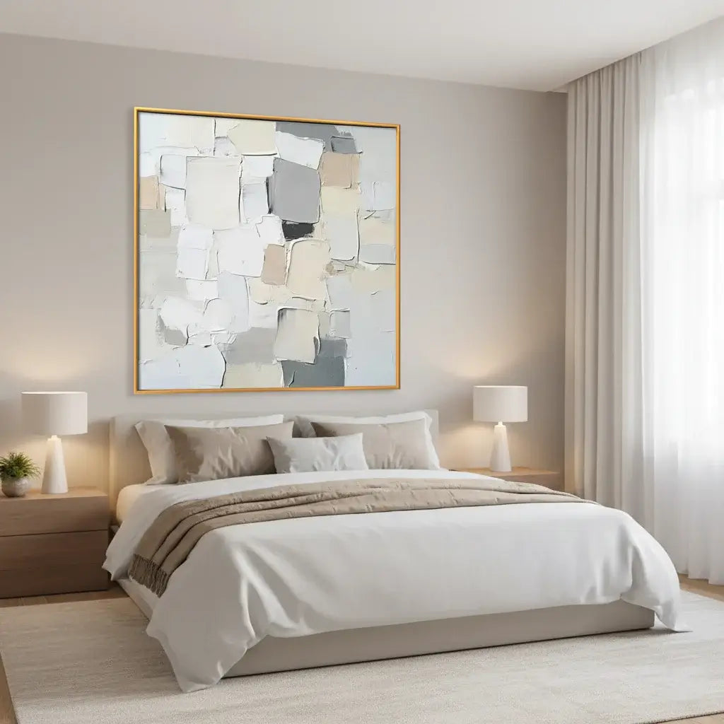 Modern bedroom with abstract wall art, bed, and lamps.
