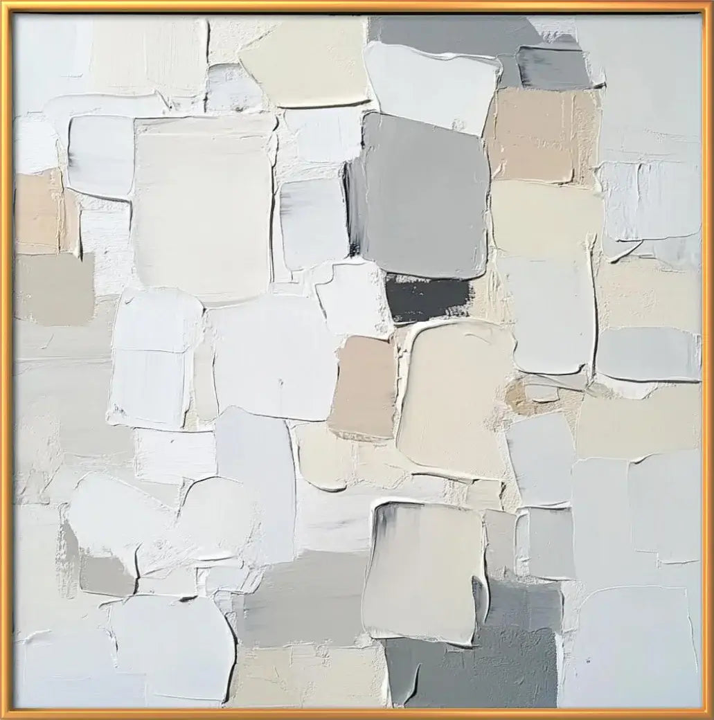 Abstract art piece with rectangular color blocks in a gold frame