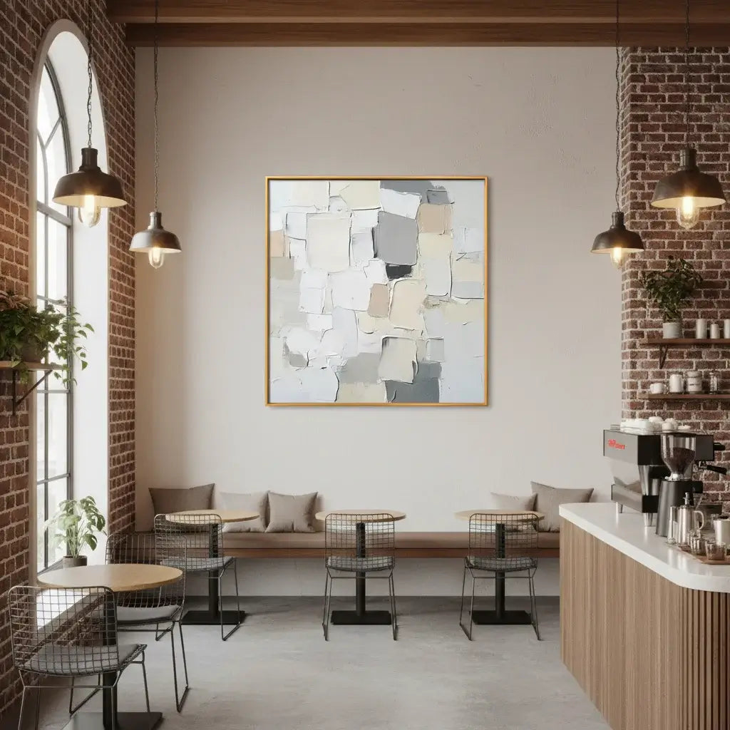 Modern cafe interior with abstract art, brick walls, and seating area.