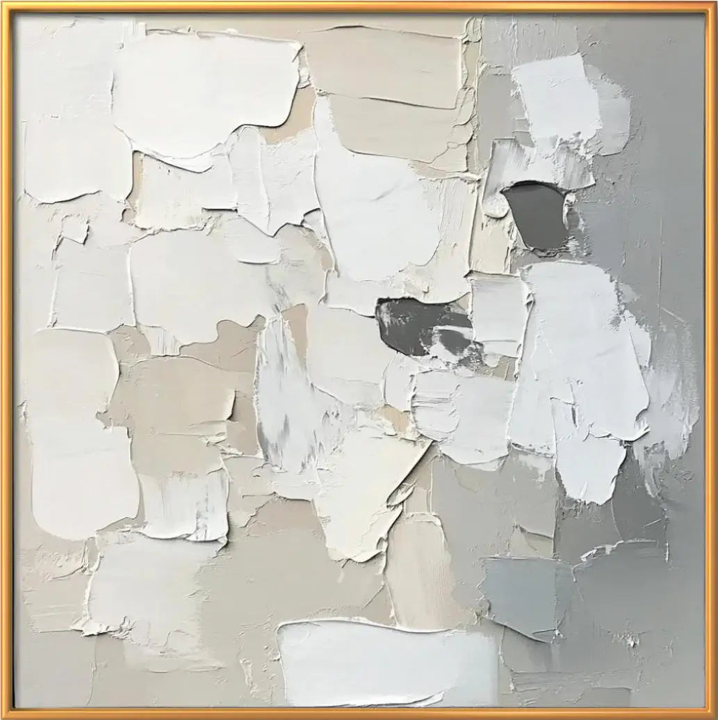 Abstract art piece with textured brushstrokes in neutral colors, framed in gold.