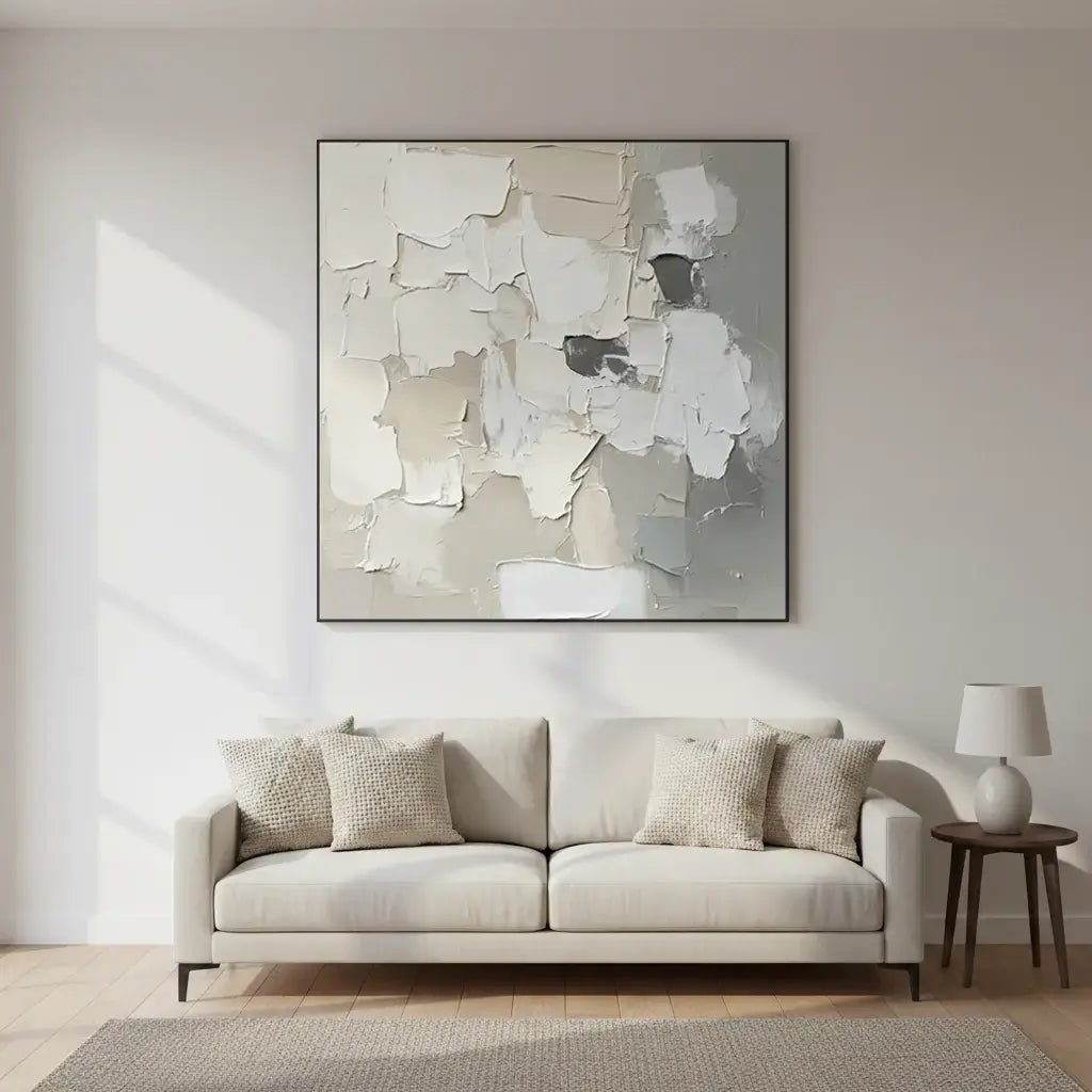 Living room with a beige sofa, abstract art on the wall, and a side table with a lamp.