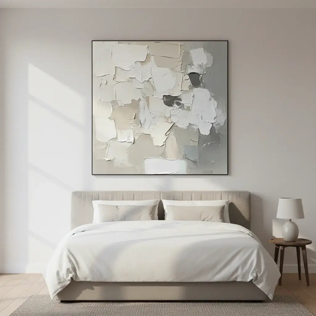 Modern bedroom with abstract art above a bed
