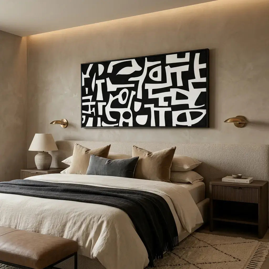 Modern bedroom with abstract wall art, bed, and side tables.