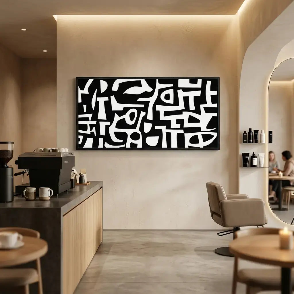 Modern interior with abstract art on the wall, coffee machine, and seating area.