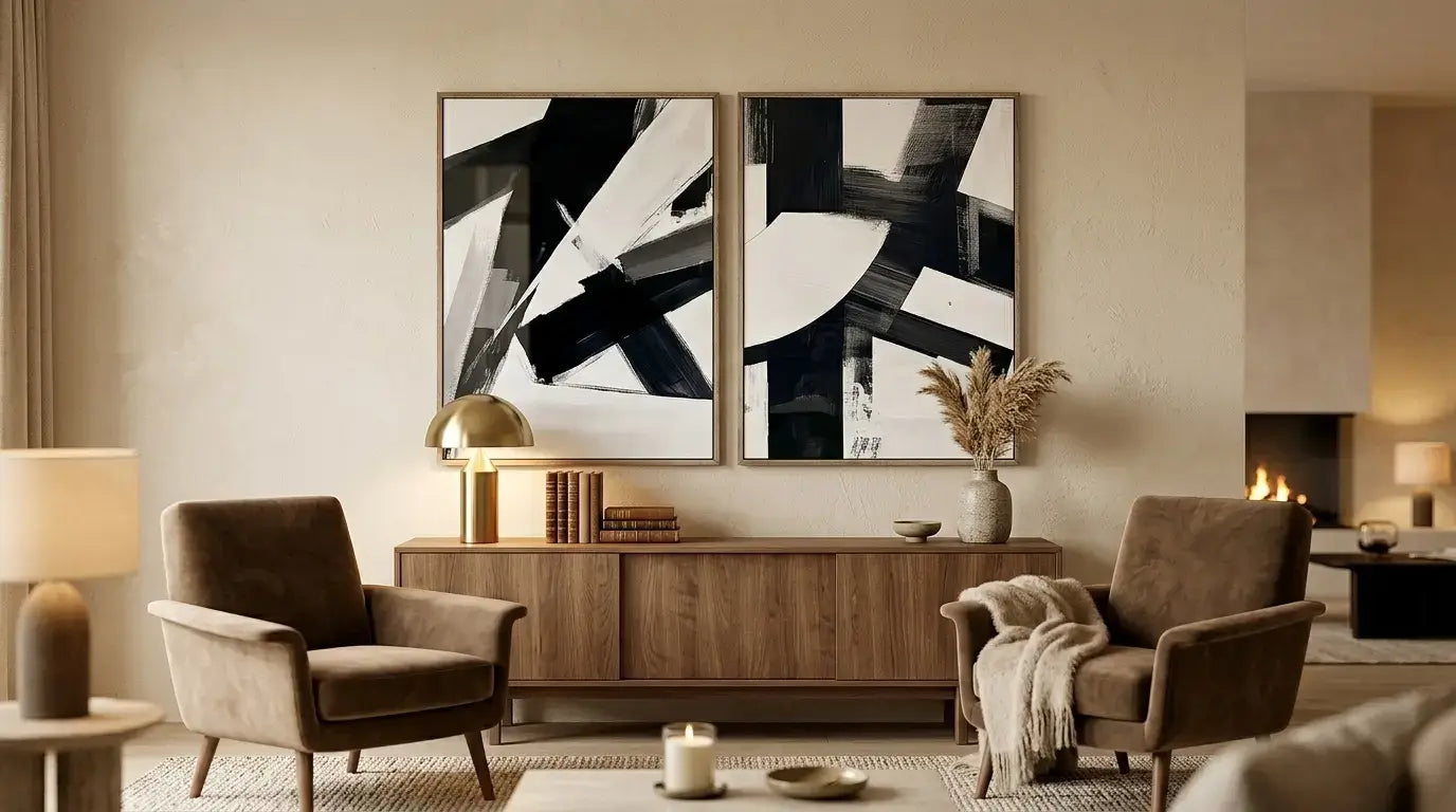 Living room with abstract art, furniture, and decor