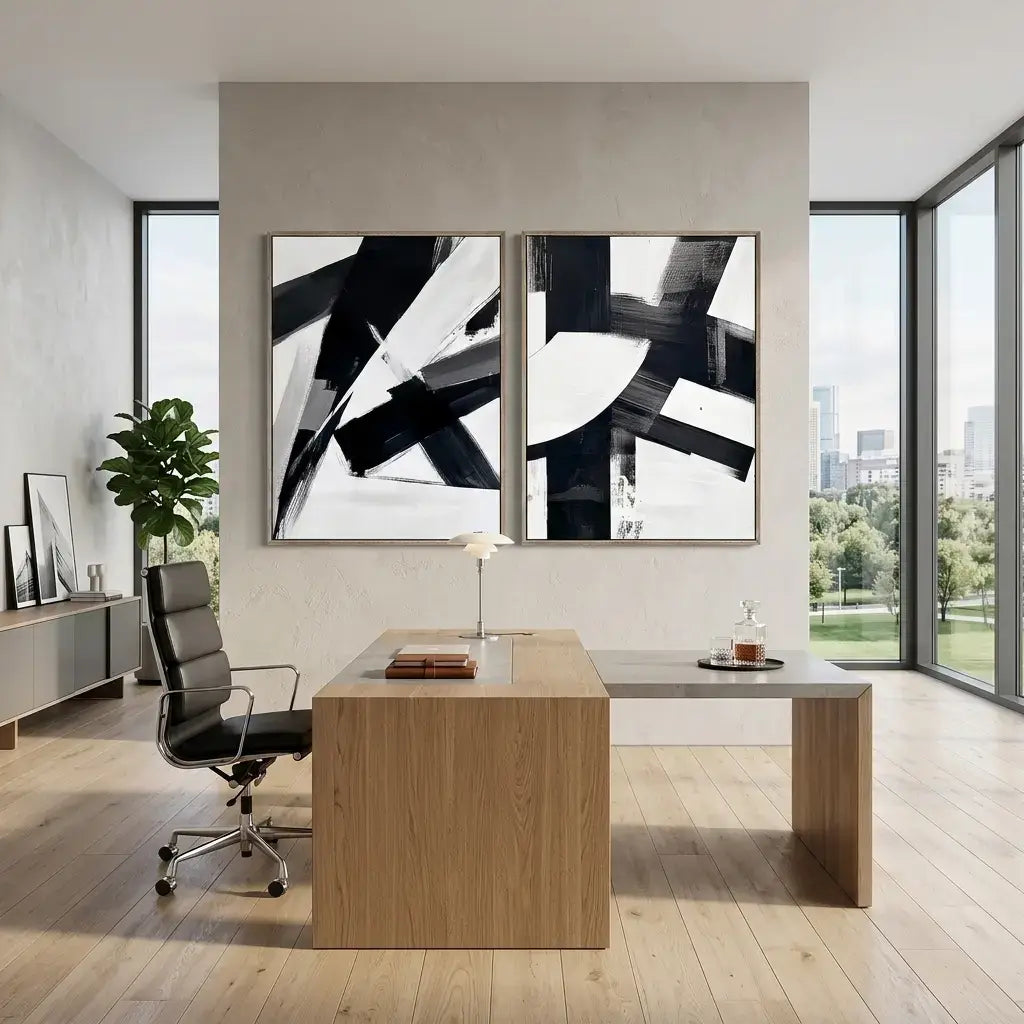 Modern office with a wooden desk, chair, and abstract art on the wall.
