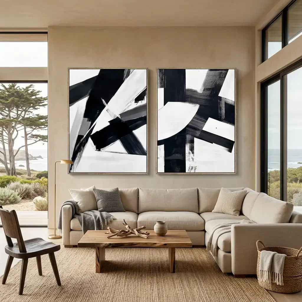 Modern living room with abstract art, sectional sofa, and wooden coffee table.