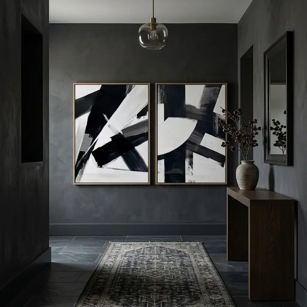 Modern interior with abstract art on a dark wall, a rug, and a vase.