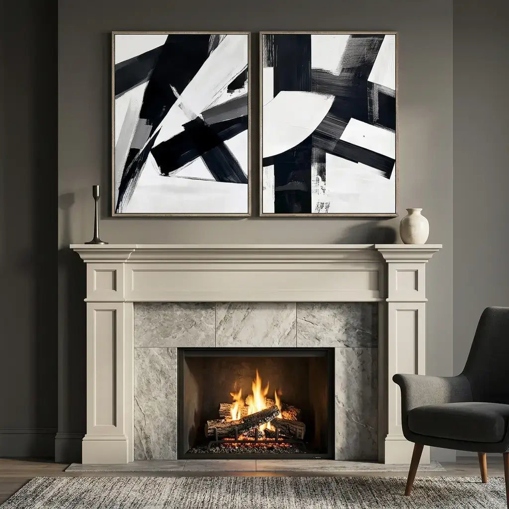 Fireplace with abstract art above it and a chair to the side.