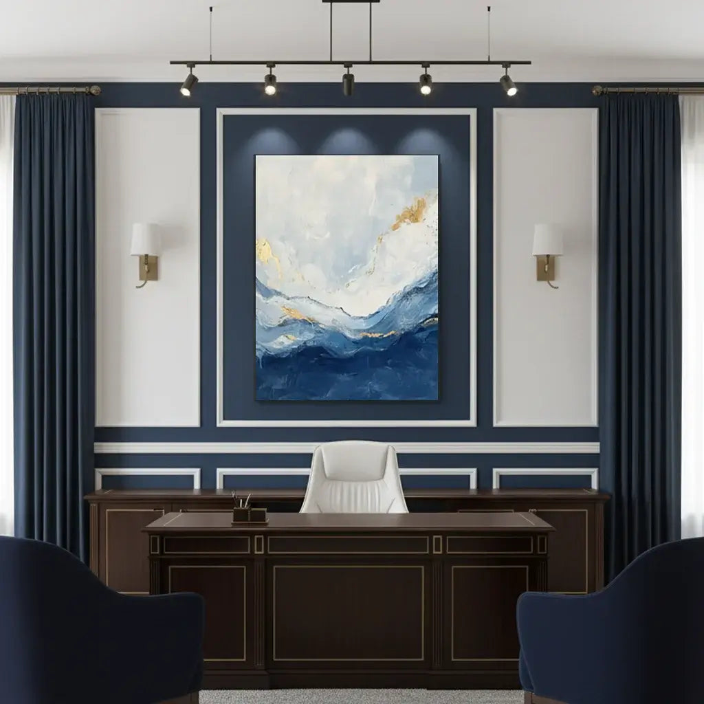 Modern office interior with a large desk, chairs, and abstract wall art.