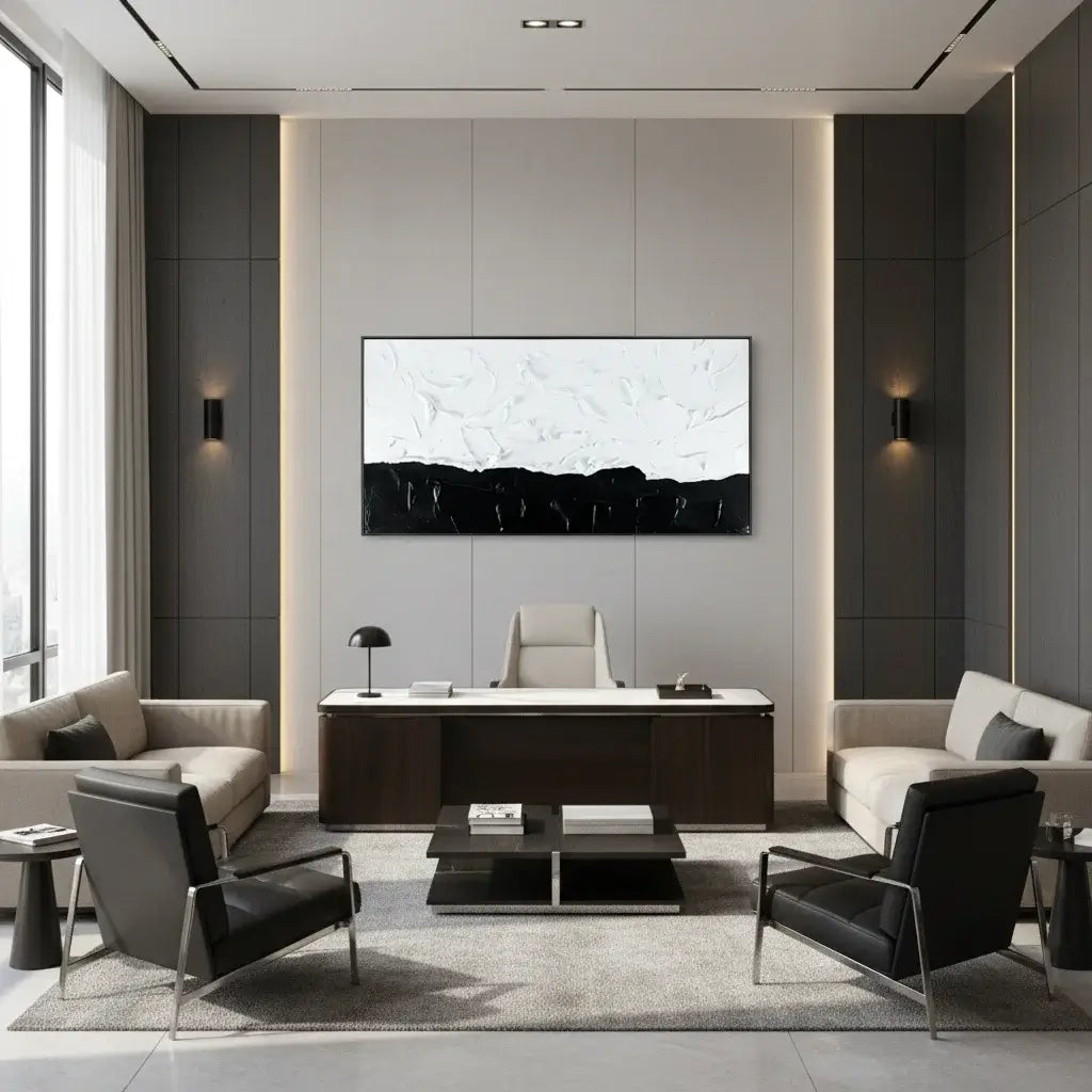 Modern office interior with a desk, chairs, and wall art.