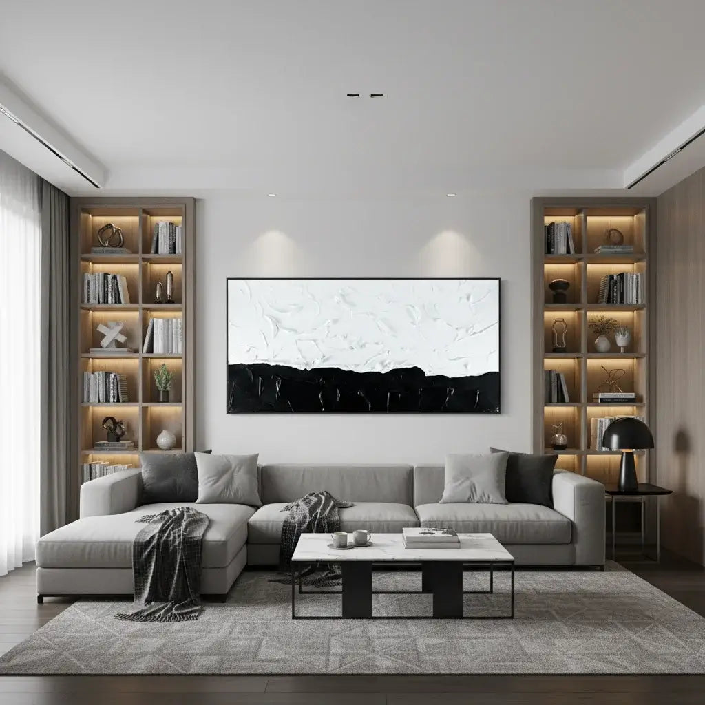 Modern living room with a gray sectional sofa, bookshelves, and a television.