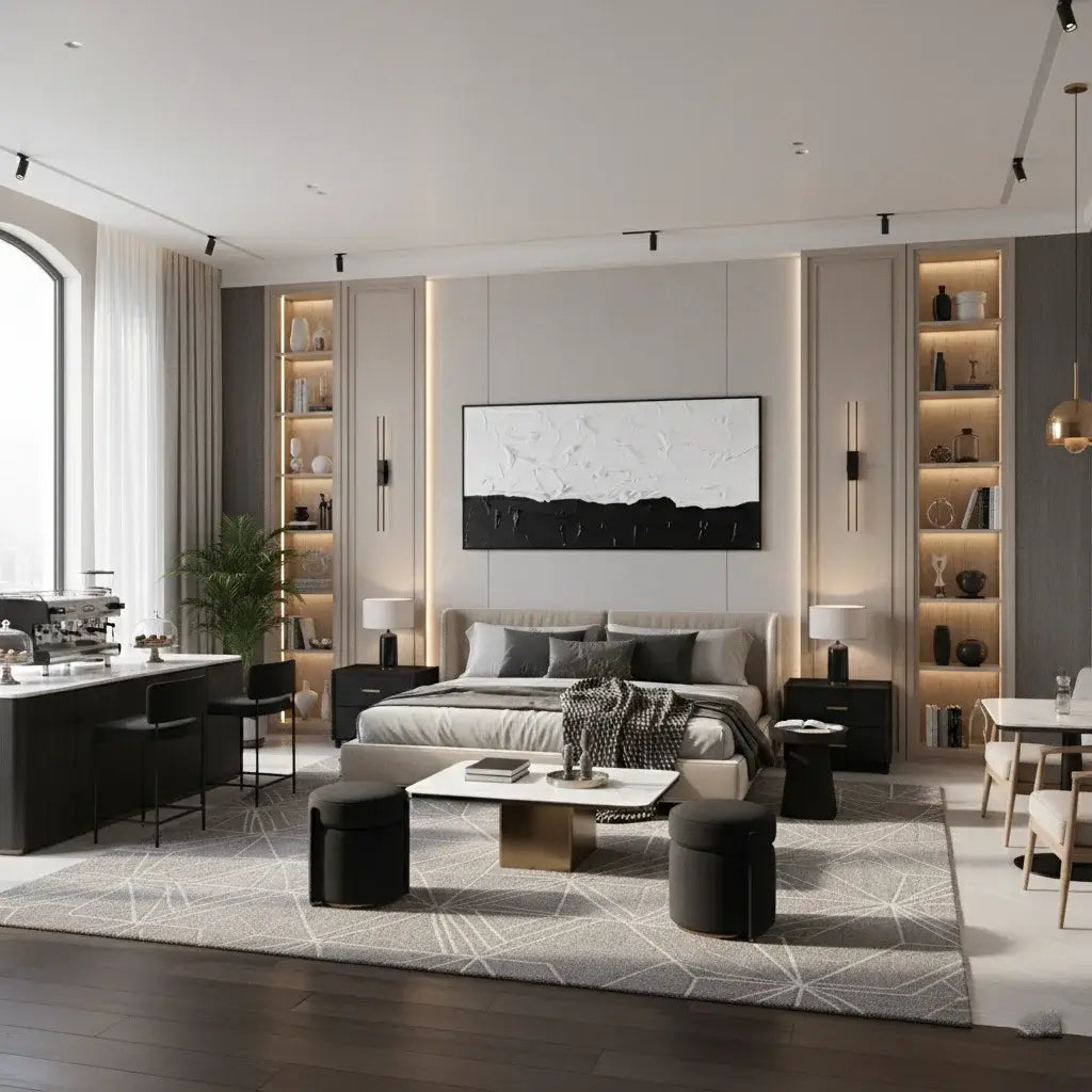 Modern living room with a bed, coffee table, and shelves.