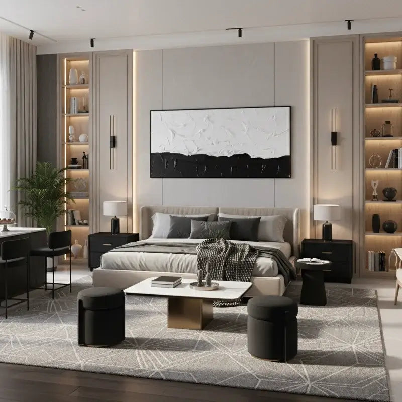 Modern living room with a bed, coffee table, and shelves.