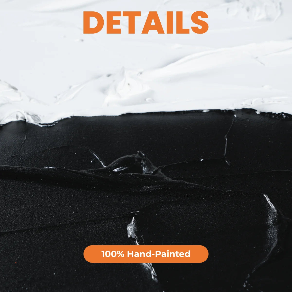 Close-up of black and white textured fabric with '100% Hand-Painted' label.