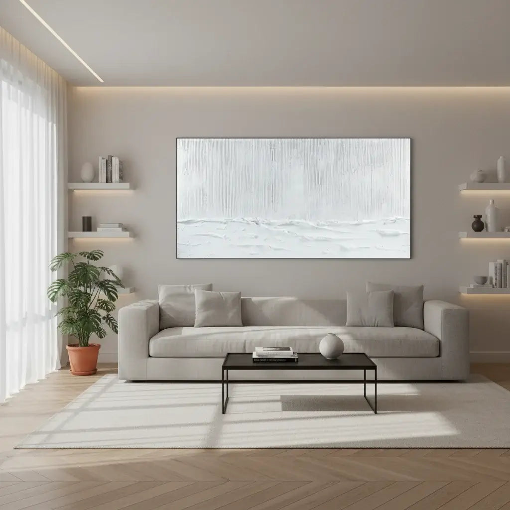 Modern living room with a gray sofa, coffee table, and abstract artwork on the wall.