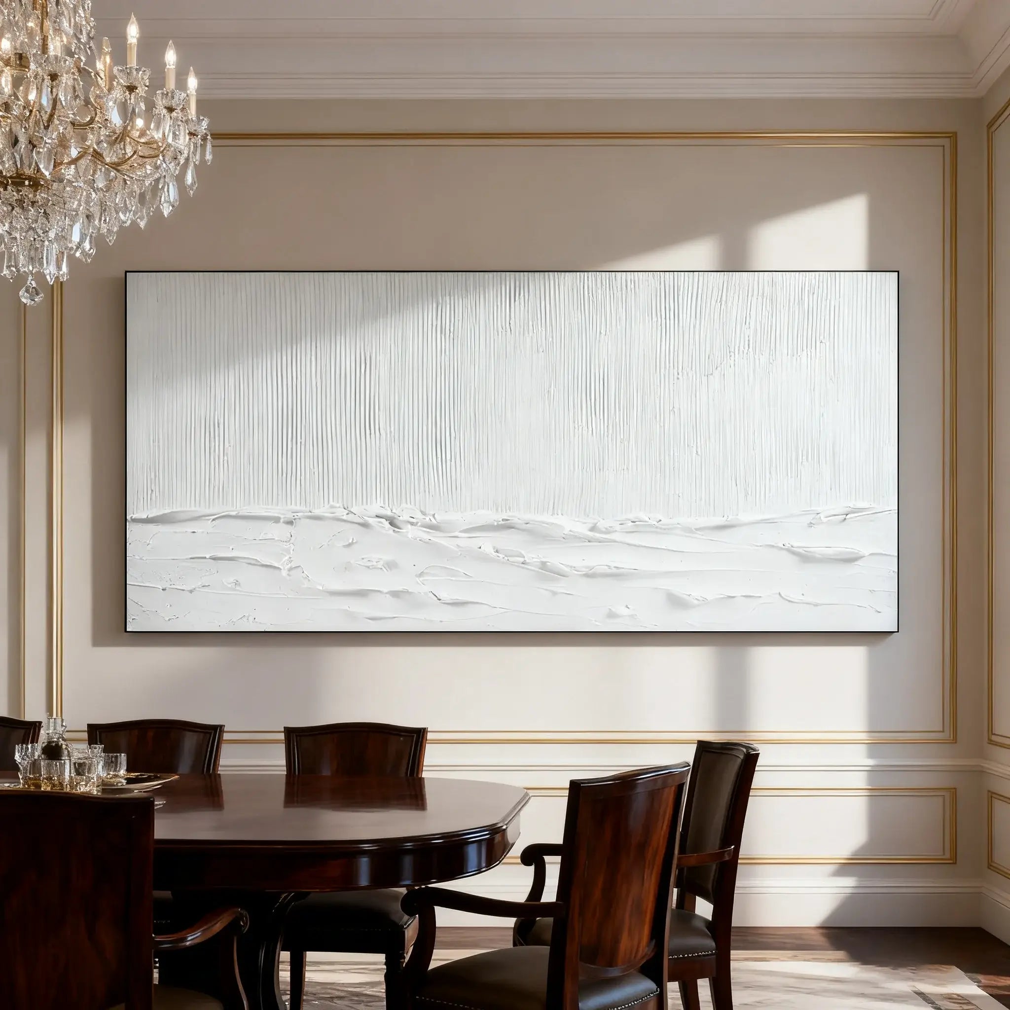 Dining room with a large abstract painting on the wall, wooden table, and chairs.